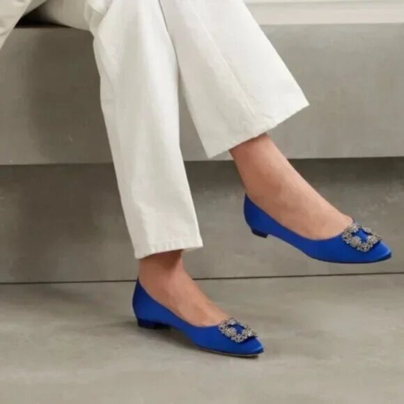 Manolo Blahnik Hangisi Blue Satin Flat - Picture 1 of 6